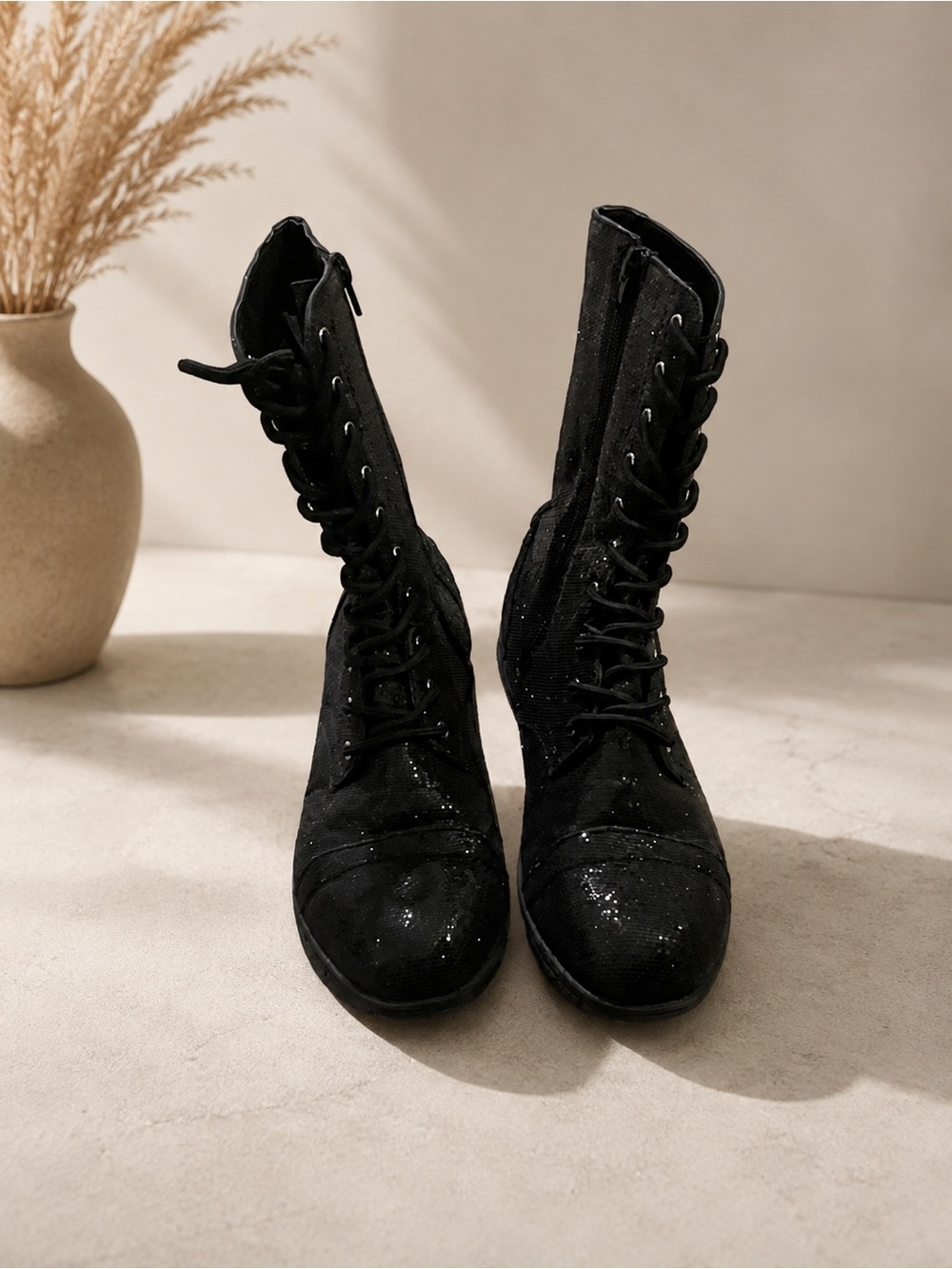 Black Lace-Up Glitter Combat Boots - Women size 9
